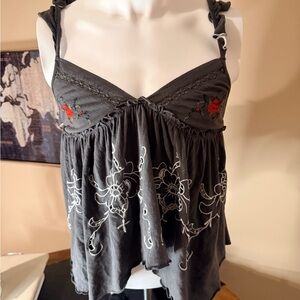 Kimchi Embroidered Babydoll Cami Gray Boho Tank Top Size M NWT
